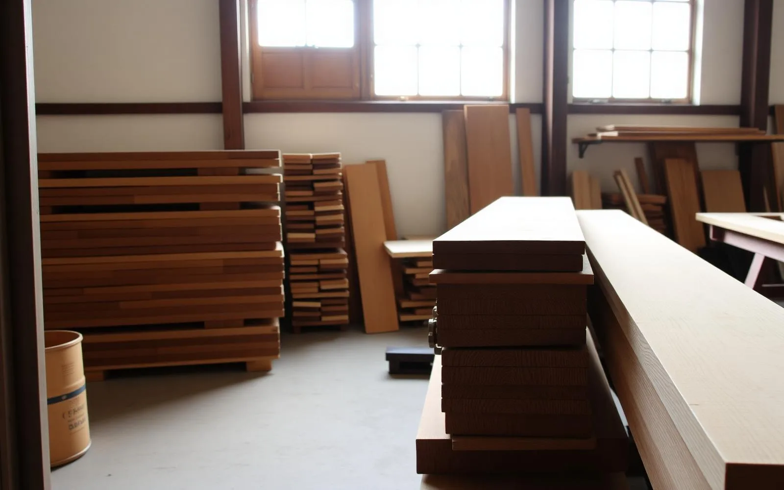 Tablas de madera clasificadas en el taller