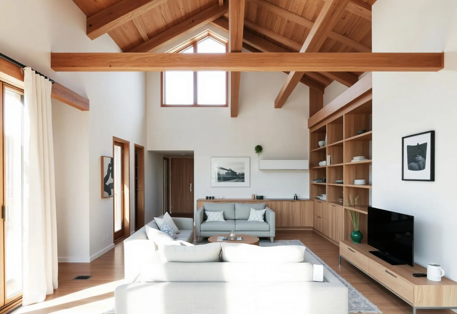 Salón con vigas y estantería de madera en Panticosa